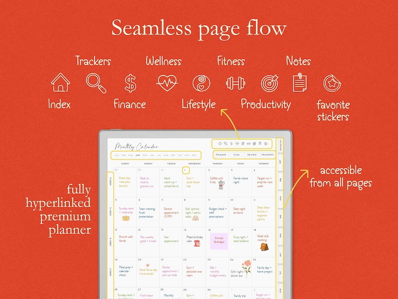 Op de afbeelding: Een digitale planner op een tablet, met een maandelijkse kalenderweergave met pictogrammen voor trackers, wellness, fitness en notities. De tekst bevat "Seamless page flow" en "fully hyperlinked premium planner".