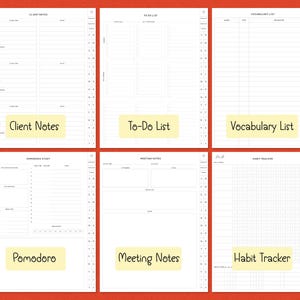 K&ouml;nnte beinhalten: Sechs wei&szlig;e Planerseiten mit Layouts f&uuml;r "Client Notes", "To-Do List", "Vocabulary List", "Pomodoro", "Meeting Notes" und "Habit Tracker". Jede Seite hat ein gelbes Etikett mit ihrem Titel.