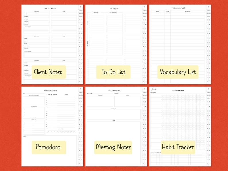 K&ouml;nnte beinhalten: Sechs wei&szlig;e Planerseiten mit Layouts f&uuml;r "Client Notes", "To-Do List", "Vocabulary List", "Pomodoro", "Meeting Notes" und "Habit Tracker". Jede Seite hat ein gelbes Etikett mit ihrem Titel.