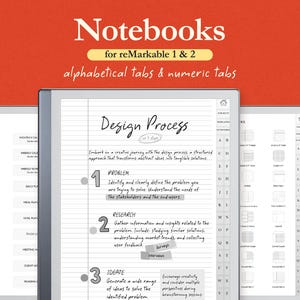 Puede incluir: Imagen de cuadernos digitales para reMarkable 1 & 2. Los cuadernos presentan pestañas alfabéticas y numéricas. El cuaderno principal muestra las palabras "Design Process" con pasos numerados y notas manuscritas. El fondo es de color naranja.