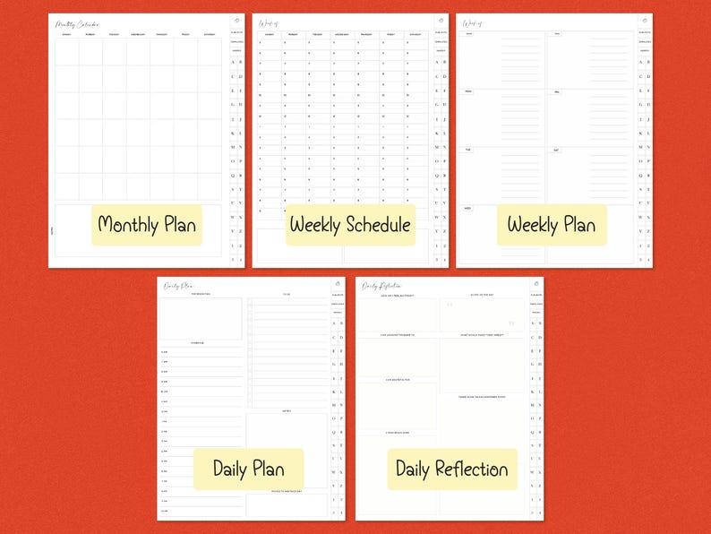 K&ouml;nnte beinhalten: F&uuml;nf wei&szlig;e Planerseiten mit verschiedenen Layouts: Monatsplan, Wochenplan, Wochenplan, Tagesplan und Tagesreflexion. Jede Seite hat ein gelbes Etikett mit der Art des Plans. Der Hintergrund ist orange.