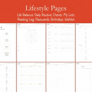 Op de afbeelding: Een verzameling witte plannerpagina's met titels als "Life Balance", "Daily Routine" en "Wishlist". De pagina's zijn ingedeeld met lijnen en grafieken voor het volgen van verschillende aspecten van het leven. De titel "Lifestyle Pages" wordt bovenaan weergegeven.