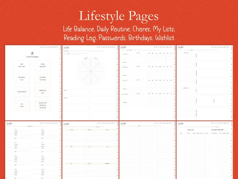 Op de afbeelding: Een verzameling witte plannerpagina's met titels als "Life Balance", "Daily Routine" en "Wishlist". De pagina's zijn ingedeeld met lijnen en grafieken voor het volgen van verschillende aspecten van het leven. De titel "Lifestyle Pages" wordt bovenaan weergegeven.