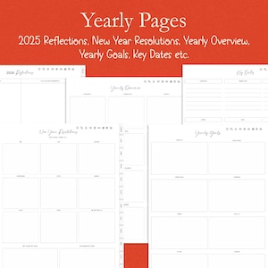 K&ouml;nnte beinhalten: Mehrere wei&szlig;e Planerseiten mit dem Text "Yearly Pages" und "2025 Reflections, New Year Resolutions, Yearly Overview, Yearly Goals, Key Dates etc." Die Seiten enthalten Abschnitte f&uuml;r Jahresziele, wichtige Daten und Reflexionen.