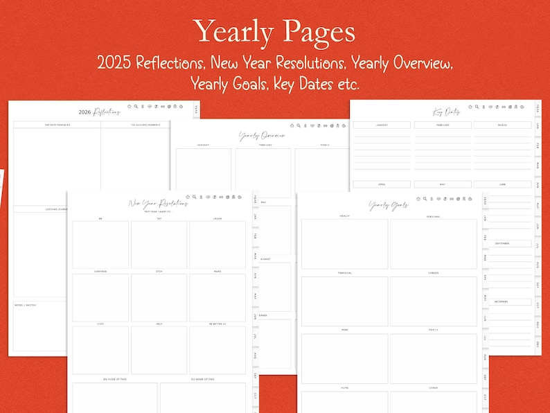 K&ouml;nnte beinhalten: Mehrere wei&szlig;e Planerseiten mit dem Text "Yearly Pages" und "2025 Reflections, New Year Resolutions, Yearly Overview, Yearly Goals, Key Dates etc." Die Seiten enthalten Abschnitte f&uuml;r Jahresziele, wichtige Daten und Reflexionen.