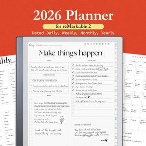 以下が含まれることがあります： reMarkable 2 用のデジタルプランナーで、2026 年のカレンダーが付属しています。プランナーには、日付入りの日次、週次、月次、年次のビューが含まれています。画像には、「Make things happen」というテキストと ToDo リストが表示されたデジタルタブレットが写っています。