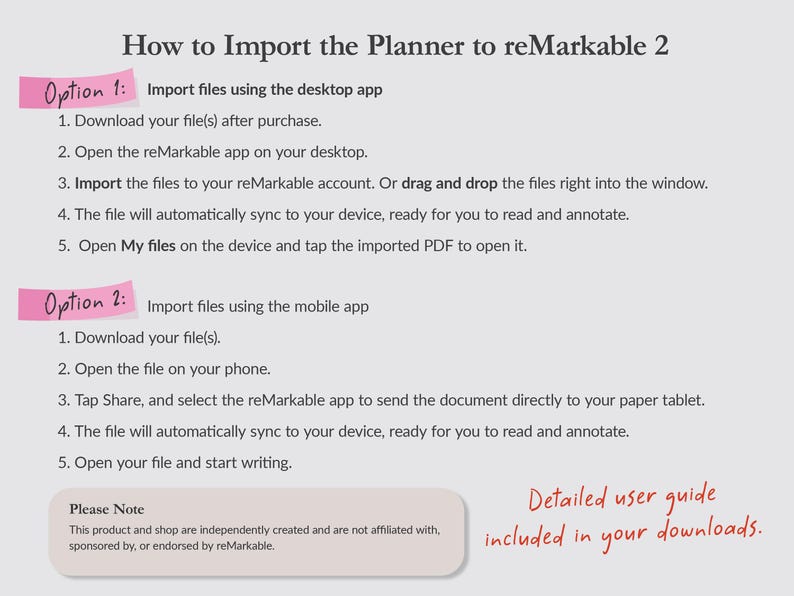 K&ouml;nnte beinhalten: Anleitung auf wei&szlig;em Hintergrund zum Importieren eines Planers in reMarkable 2. Die Anleitung bietet zwei Optionen: Import &uuml;ber die Desktop-App und die mobile App, jeweils hervorgehoben durch rosa Etiketten. Ein Hinweis zur Produktzugeh&ouml;rigkeit ist ebenfalls enthalten.