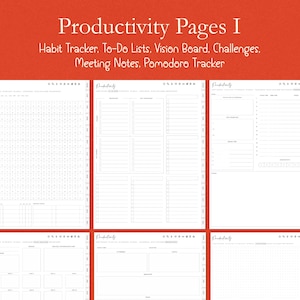 K&ouml;nnte beinhalten: Eine Sammlung wei&szlig;er Papierseiten mit verschiedenen Layouts f&uuml;r die Produktivit&auml;t. Die Seiten enthalten Abschnitte f&uuml;r einen Gewohnheitstracker, To-Do-Listen, ein Vision Board, Herausforderungen, Besprechungsnotizen und einen Pomodoro-Tracker. Der Titel "Productivity Pages I" ist oben zu sehen.