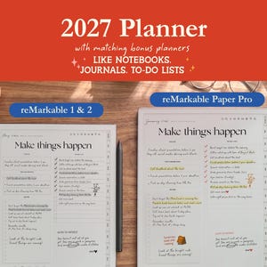 2027 dated digital planner for reMarkable 2 and reMarkable Paper Pro. Cover preview showing daily, weekly, monthly, and yearly planning layouts with tabbed navigation.