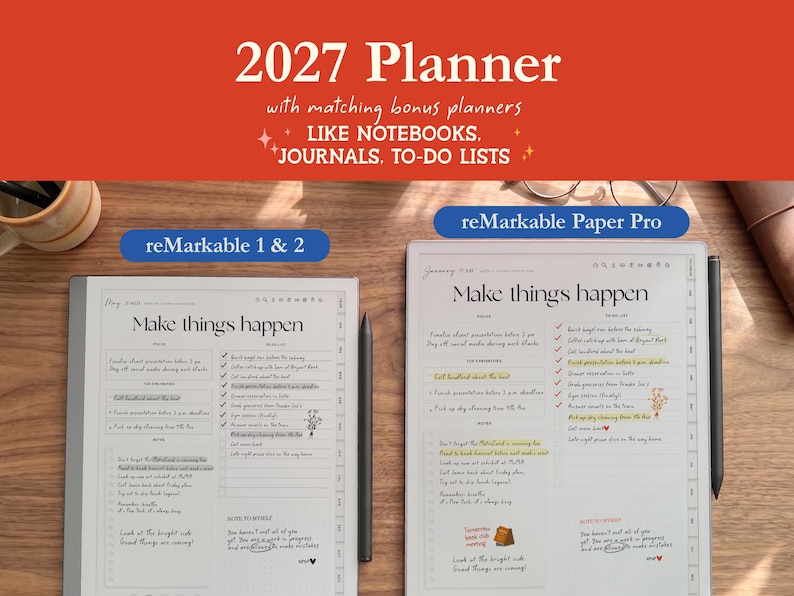 2027 dated digital planner for reMarkable 2 and reMarkable Paper Pro. Cover preview showing daily, weekly, monthly, and yearly planning layouts with tabbed navigation.