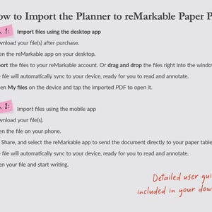 Op de afbeelding: Een gids getiteld "Hoe de planner te importeren in reMarkable Paper Pro" met instructies voor het importeren van bestanden via desktop- en mobiele apps. Roze gemarkeerde secties markeren de opties.