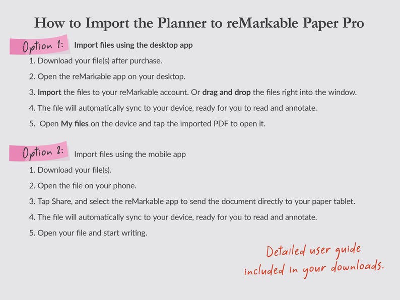 Op de afbeelding: Een gids getiteld "Hoe de planner te importeren in reMarkable Paper Pro" met instructies voor het importeren van bestanden via desktop- en mobiele apps. Roze gemarkeerde secties markeren de opties.