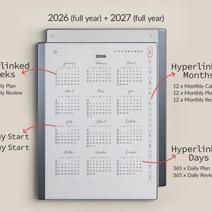 K&ouml;nnte beinhalten: Ein digitaler Planer f&uuml;r 2026 und 2027, mit Kalenderlayout und Hyperlinks f&uuml;r Wochen, Monate und Tage. Bietet Optionen f&uuml;r Sonntag- oder Montag-Start. Der Planer enth&auml;lt Wochen- und Tagespl&auml;ne sowie Bewertungen.