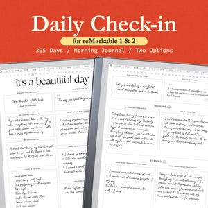 Op de afbeelding: Digitaal dagelijks check-in-dagboek voor reMarkable 1 & 2 tablets. Het dagboek heeft een minimalistisch ontwerp met secties voor dagelijkse reflecties, dankbaarheid en doelstellingen. Bevat prompts voor ochtend- en avondinvoer. De tekst "Daily Check-in" staat bovenaan.