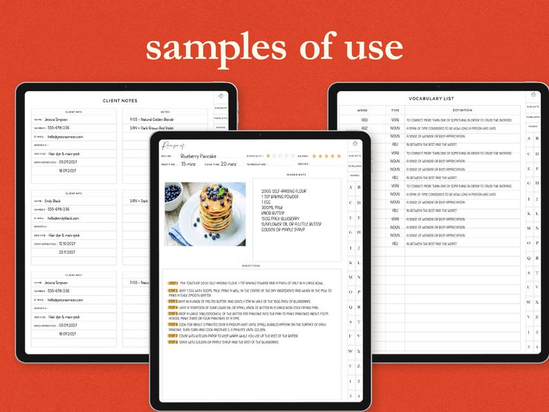 K&ouml;nnte beinhalten: Drei digitale Tablets, die verschiedene Dokumente und Listen vor rotem Hintergrund anzeigen. Die Tablets zeigen Kundennotizen, ein Rezept f&uuml;r Blaubeerpfannkuchen und eine Vokabelliste. Der Satz "samples of use" steht oben.