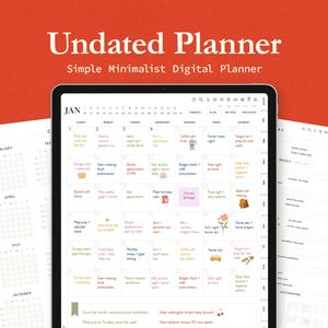 Op de afbeelding: Een digitale ongedateerde planner weergegeven op een tablet, met het woord "JAN" zichtbaar. De planner heeft een minimalistisch ontwerp met kalenderpagina's en de tekst "Undated Planner" en "Simple Minimalist Digital Planner" op de achtergrond.
