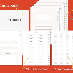 K&ouml;nnte beinhalten: Ein Set aus Notizb&uuml;chern und Vorlagen zur Organisation. Das Bild zeigt zwei Notizb&uuml;cher, 30 benutzerdefinierte Abschnitte, 20 Vorlagen und 32 Notizpapiere. Auf dem Notizbuchdeckel steht "NOTEBOOK" mit "30 TABS - NUMBERED" darunter. Die Vorlagen umfassen Monats- und Wochenkalender.