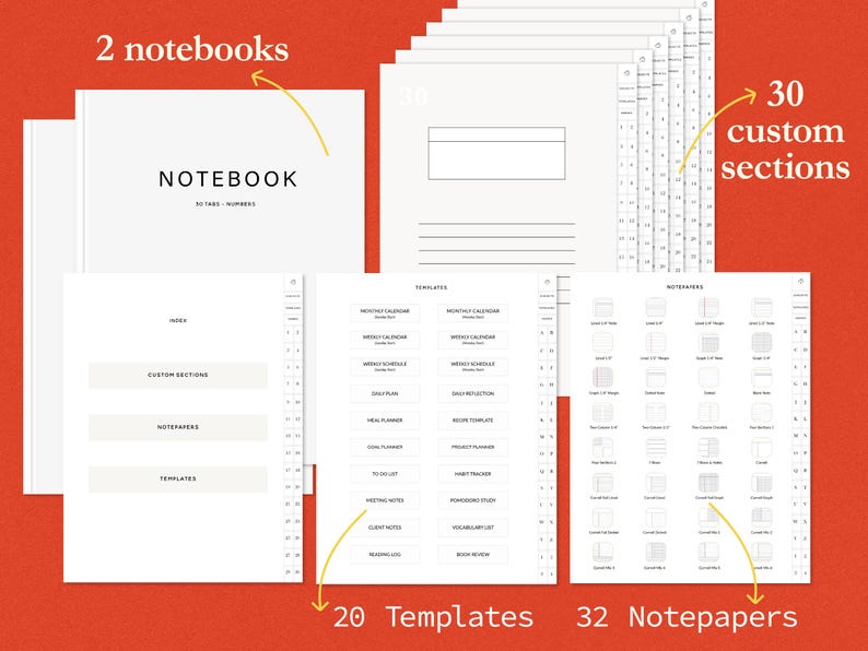 K&ouml;nnte beinhalten: Ein Set aus Notizb&uuml;chern und Vorlagen zur Organisation. Das Bild zeigt zwei Notizb&uuml;cher, 30 benutzerdefinierte Abschnitte, 20 Vorlagen und 32 Notizpapiere. Auf dem Notizbuchdeckel steht "NOTEBOOK" mit "30 TABS - NUMBERED" darunter. Die Vorlagen umfassen Monats- und Wochenkalender.