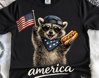 Amerykański szop pracz z hot dogiem PNG, patriotyczny szop pracz PNG, projekt szopa pracza z okazji 4 lipca, cyfrowe pobieranie zwierząt z flagą USA