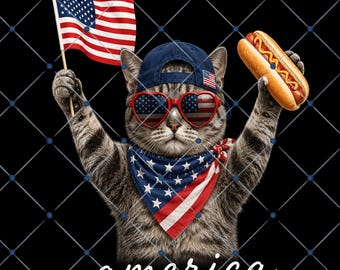Amerykański kot Hot Dog PNG, Patriotyczny kot PNG, Wzór kota 4 lipca, Cyfrowe pobieranie kota z flagą USA, Zabawna koszulka z amerykańskim kotem