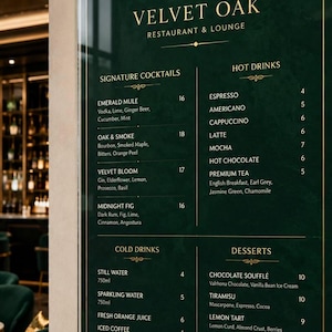 Op de afbeelding: Een menubord voor Velvet Oak Restaurant & Lounge, met kenmerkende cocktails, warme en koude dranken en desserts. Het menu heeft een donkergroene achtergrond met gouden accenten en tekst. Het bevat Emerald Mule, Espresso en Chocolate Soufflé.