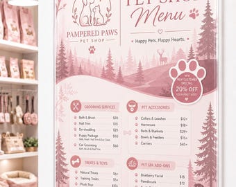 Custom Pet Shop Menu Sign | Acrylic Price List Board for Grooming, Spa, Treats