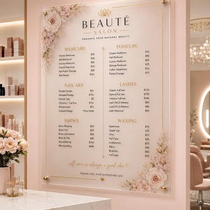 Może przedstawiać: Prostokątny akrylowy szyld z menu salonu ze złotymi mocowaniami, zawierający napis BEAUTÉ SALON, ENHANCE YOUR NATURAL BEAUTY oraz listę usług, w tym manicure, pedicure, stylizację paznokci, rzęsy, brwi i depilację woskiem.