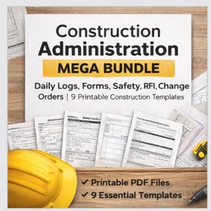 Bauleitung Mega Bundle | Tägliche Logs, Formulare, Sicherheit, RFI, Änderungswünsche | 9 druckbare Konstruktionsvorlagen