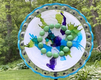 Glass Garden Gift,  Hand Painted Glass Plate Flower,  Garden Yard Art and outdoor Garden sun catcher with recycled glass