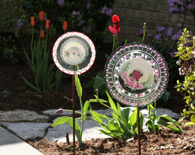 Glass Plate Garden Art and Yard Art With Recycled Glass on Etsy