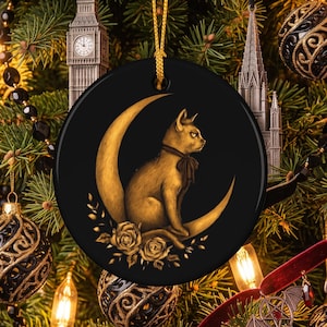 Gothmas Cat Ornament, Gothic Black and Gold Cat on Moon Decor, Whimsigoth Christmas Tree Decoration, Vintage Cat Lover Gift, Dark Holid