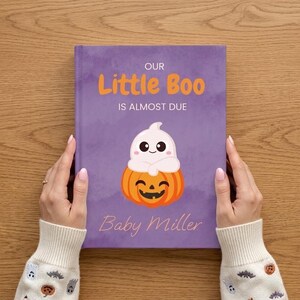 Personalized Baby Shower Newborn Notebook Halloween Custom Name Hardcover Purple Lined Pumpkin Ghost Journal, For New Parents Mom and Dad