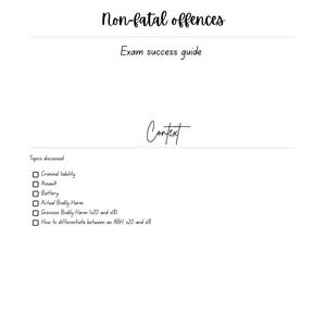 Puede incluir: Una página blanca con el título "Non-fatal offences" y el subtítulo "Exam success guide" en escritura negra. La palabra "Context" está escrita en escritura. Debajo, una lista de temas incluye "Criminal liability", "Assault", "Battery", y más.