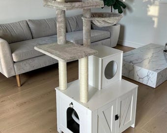 Cat Tree with Hidden Litter Box Enclosure, Wooden Cat Tower with Condo, Scratching Posts & Hammock | BritlineGoods