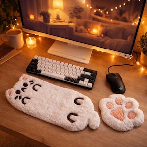 Greige Texture Desk Accessory Duo, Handmade Punch Needle Wrist Rest Set for Minimalist Workspaces