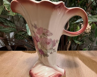 Vintage Rockingham England Pink Scalloped Floral Vase – Mid‑Century Ceramic Jug
