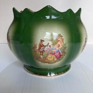 Vintage K.H. Pottery Staffordshire Green Planter, Fragonard Romantic Courting Couple Cachepot