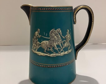Antique 1860 Pitcher, Teal Jade Green Staffordshire Terracotta Jug, Victorian Chariot Neoclassical Scene, Collectible English Pottery