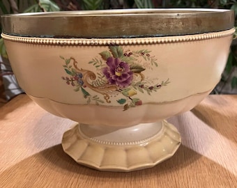 Antique Carlton Ware Blush Ivory Pedestal Bowl Victorian Floral Fruit Centerpiece Silver Plate Rim