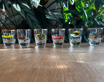 Set of six vintage car liquor (shot) glasses
