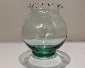 Vintage Green Art Glass Vase Ruffled Rim Hand Blown Squat Footed Posy Vase