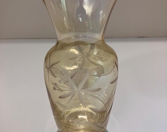 Vintage Royal Danube Amber Iridescent Crystal Vase, Hand-Blown Floral Etched Bud Vase, Art Glass Home Decor