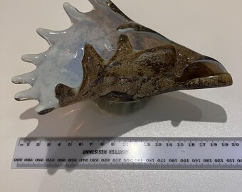 Vintage Murano Style Glass Conch Shell Bowl - Opalescent & Gold Aventurine Brown Art Glass Centerpiece, Mid Century Coastal Decor