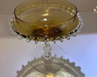 Vintage Mid Century Empoli Amber Glass Pedestal Compote Candy Bowl with Clear Droplet Loop Rim