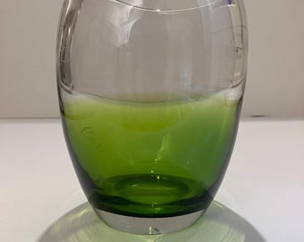 Vintage Mid Century Green Glass Vase - Asymmetric Hand Blown Art Glass Vase, Heavy Clear Base 1960s