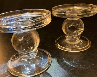 Elegant pair of short vintage clear‑glass candle holders