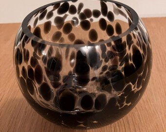 Hand Blown Tortoiseshell Glass Vase - Black Confetti Bubble Bowl, Round Animal Print Art Glass