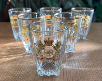 Set of six commemorative liqueur glasses celebrating the 1953 Coronation of the Queen
