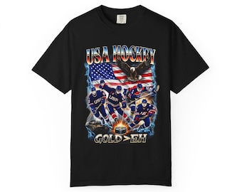 USA Hockey Gold Shirt Vintage 90s Style Patriotic Hockey Tee