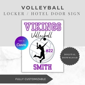 Pode incluir: Uma placa branca de voleibol para cacifo ou porta de hotel com texto roxo "VIKINGS Volleyball #22 SMITH". Uma silhueta preta de um jogador de voleibol está no centro. A placa é totalmente personalizável e um download digital.